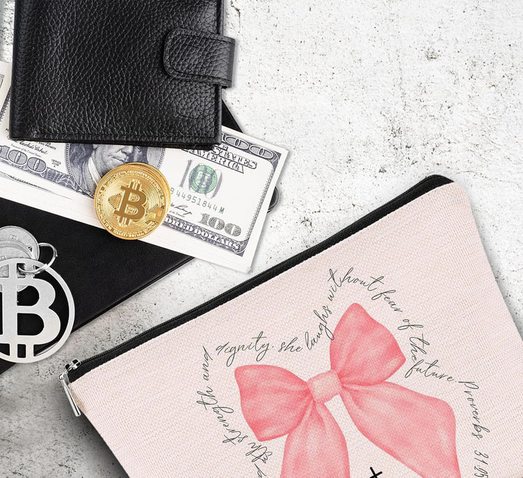 Christian Gifts for Women, Pink Christian Makeup Bag, Pink Coquette Bow Bible Verse Scripture Cosmetic Bags Zipper Pouch for Women, Religious Gifts for Christian Woman, Pink Makeup Pouch