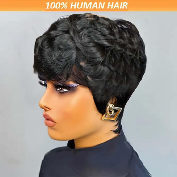 Short Curly Pixie Cut Wig - Human Hair Glueless Wig for Black Women - Natural Curly Color 1B