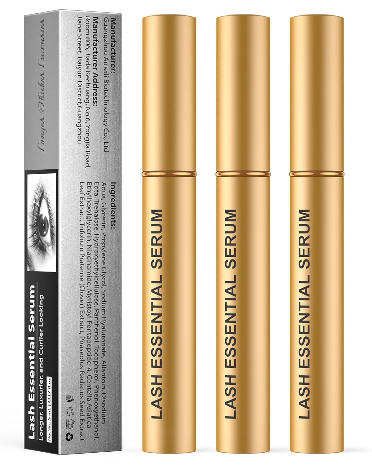 Natural Cosmetic Eyelash Serum for Longer, Thicker Lashes & Brows, Boost Lash Serum Vegan & Cruelty-Free - Niacinamide, Centella Asiatica Leaf Extract (15 Ml Gold)