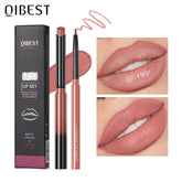 QIBEST 2Pcs Lipstick Lipliner Pen Set Matte Nude Lip Liner Pencil Waterproof Long Lasting Lipstick Pen Contour Makeup for Women