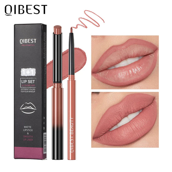 QIBEST 2Pcs Lipstick Lipliner Pen Set Matte Nude Lip Liner Pencil Waterproof Long Lasting Lipstick Pen Contour Makeup for Women
