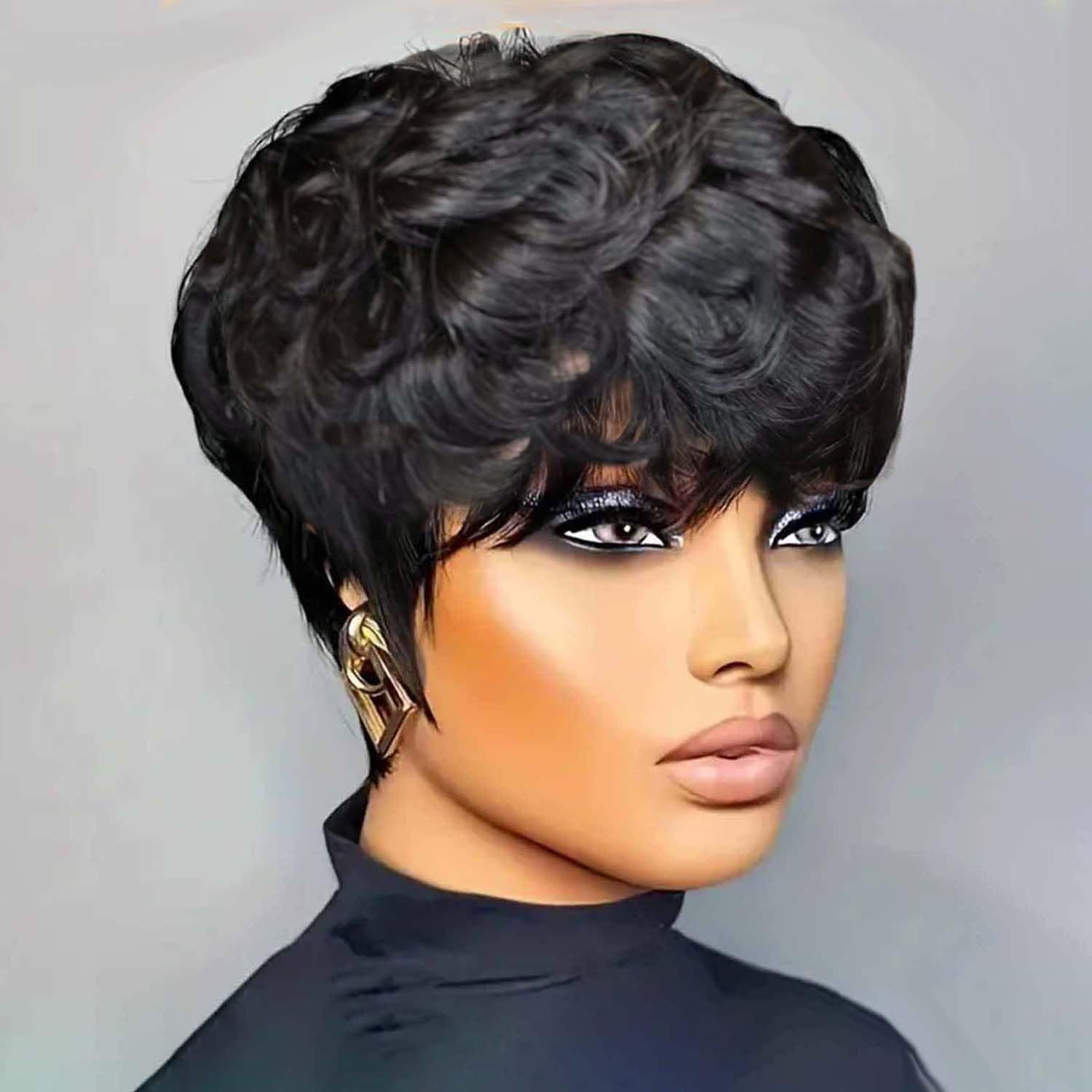 Short Curly Pixie Cut Wig - Human Hair Glueless Wig for Black Women - Natural Curly Color 1B